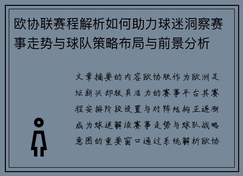 欧协联赛程解析如何助力球迷洞察赛事走势与球队策略布局与前景分析